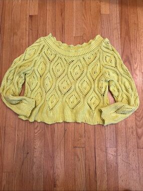 Vintage Bright Yellow Off-the-Shoulder Open-Knit Sweater